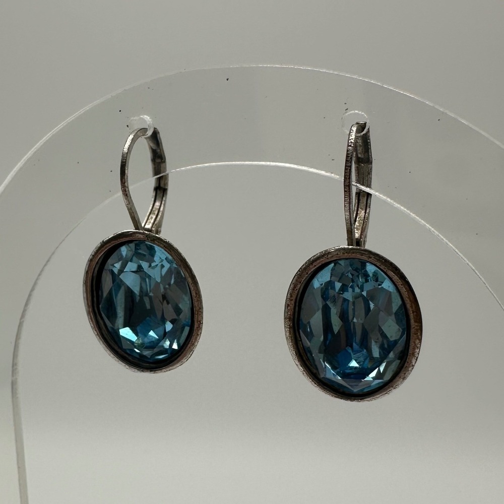 Vintage Women Drop Earrings 925 Sterling Silver Blue Oval Crystal Leverback Boho